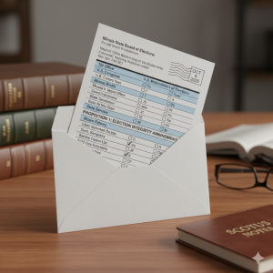 A close-up shot of a white mail-in ballot envelope on a wooden desk. Partially pulled out of the envelope is an election ballot with the title "Illinois State Board of Elections" and a fictitious election date of "OCT 8 2025." The ballot shows various races and propositions with checkboxes, some of which are marked. In the background, to the left, are several stacks of leather-bound books, and to the right, a pair of reading glasses rests on a small brown notebook labeled "SCOTUS Notes." The scene is well-lit, suggesting a focus on legal or academic work.